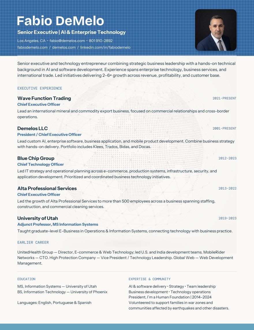 Preview of Fabio DeMelo's executive resume, page one